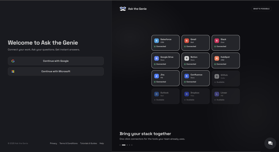 Ask the Genie sign-in page showing the email and password login form