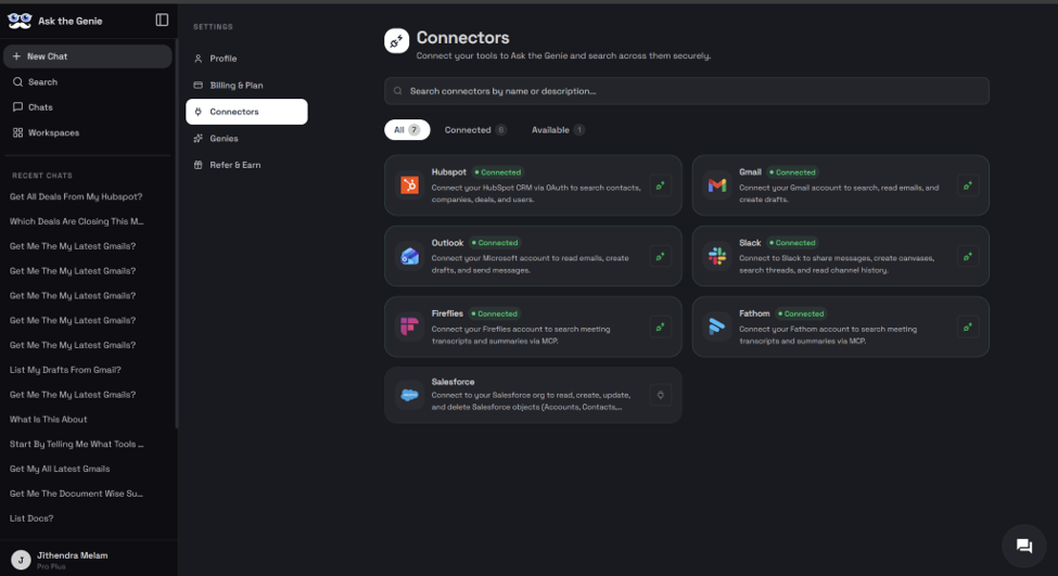 Ask the Genie Connectors dashboard listing available integrations