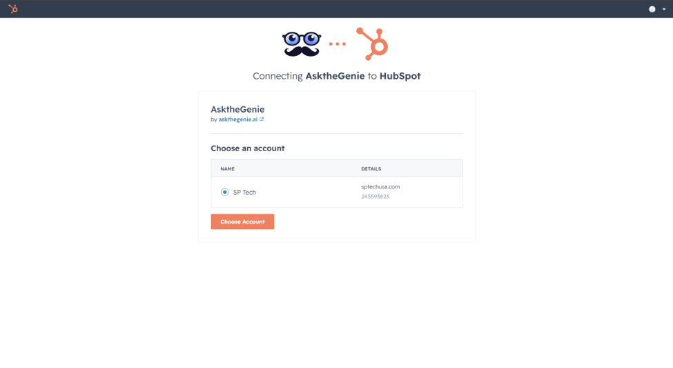 HubSpot account selection screen prompting the user to choose which account to connect