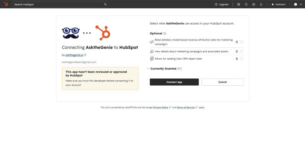 HubSpot scope approval screen listing the read permissions Ask the Genie requests