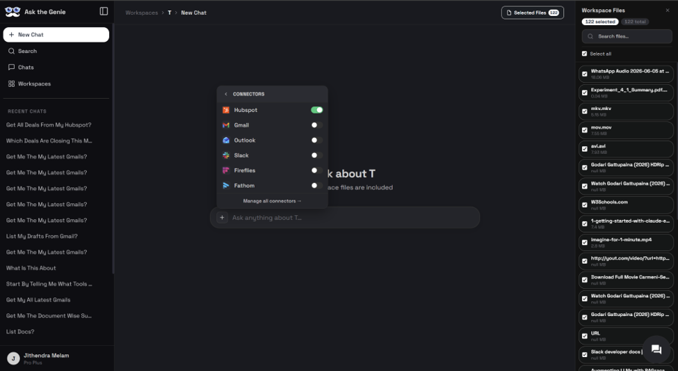 Workspace connector panel with HubSpot toggled on alongside Gmail, Outlook, Slack, Fireflies, and Fathom, beside the list of included workspace files