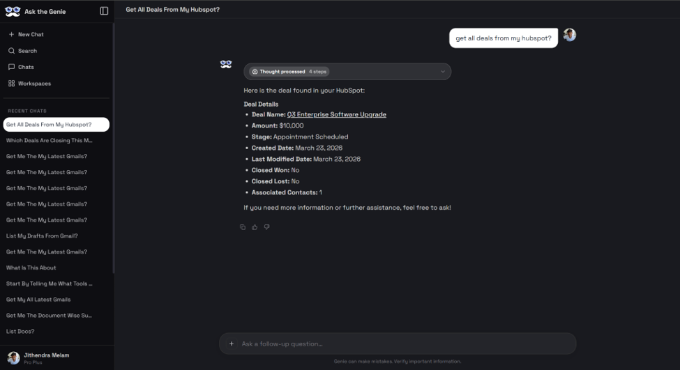 Ask the Genie answering a HubSpot CRM query with deal details and source citations