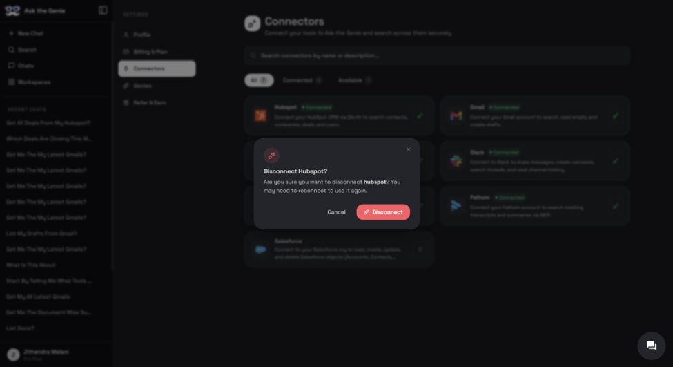 Disconnect HubSpot confirmation screen in the Ask the Genie Connectors dashboard
