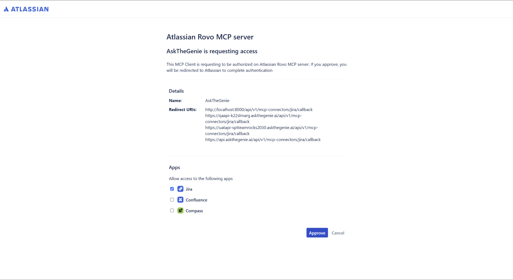 Atlassian login screen prompting the user to sign in to authorize Ask the Genie