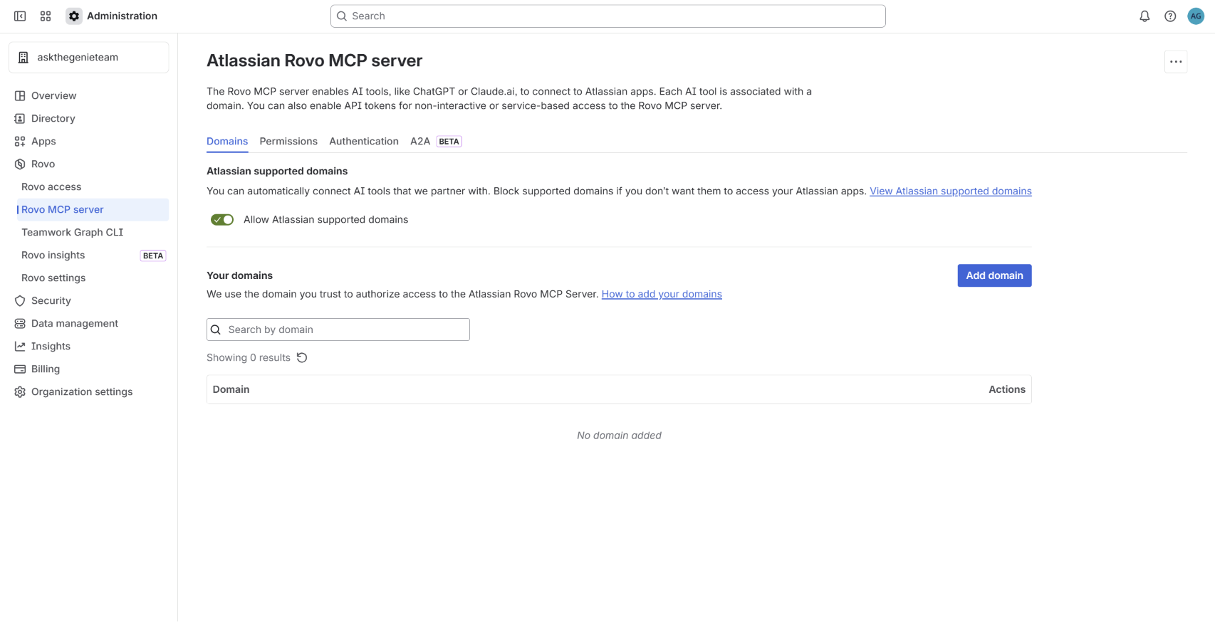 The Rovo MCP Server Domains settings page in the Atlassian admin console