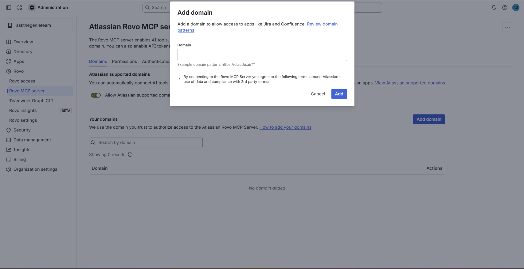 The Add Domain button on the Rovo MCP Server Domains page
