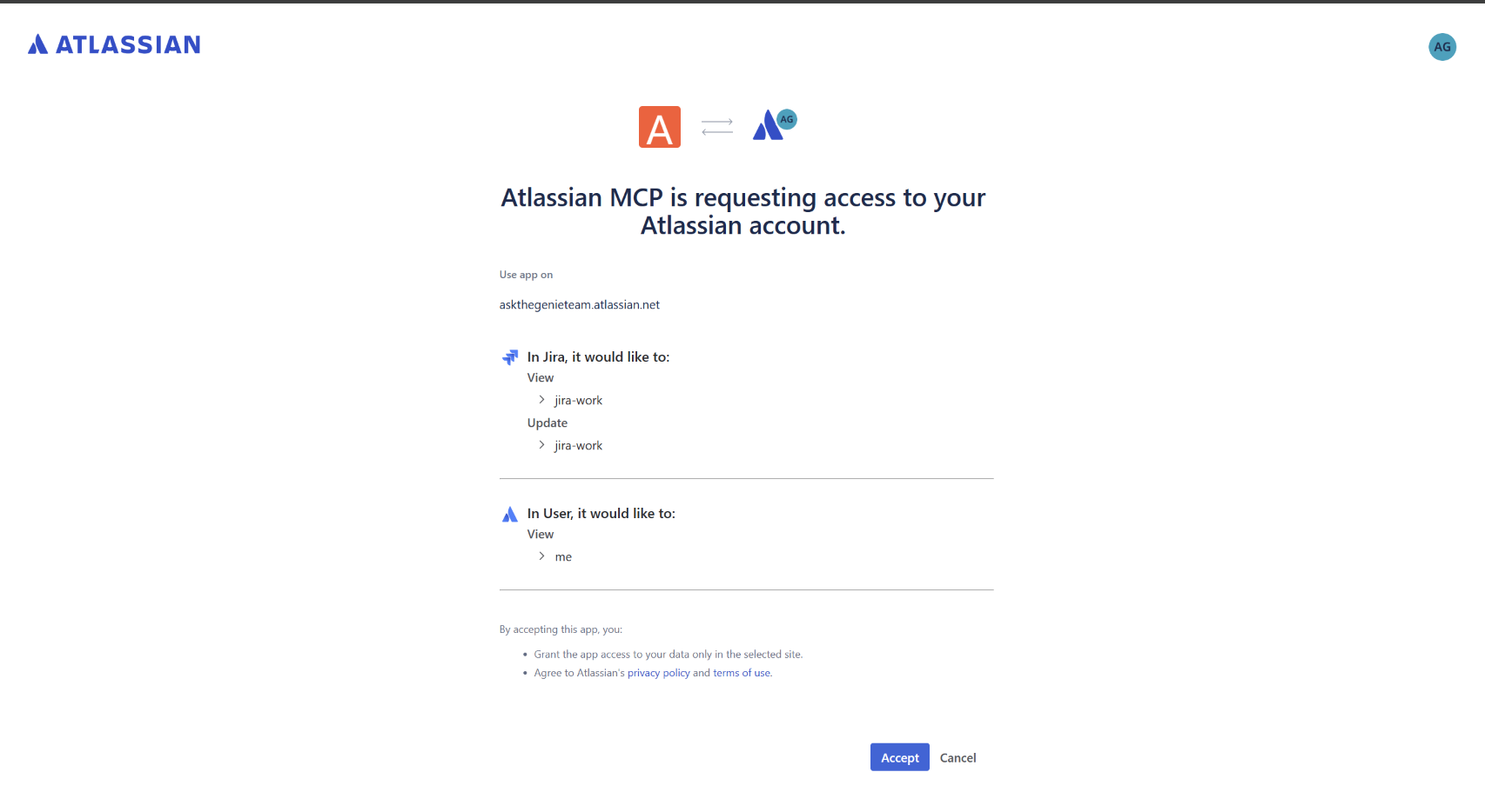 Atlassian permissions consent screen for Ask the Genie with an Accept button