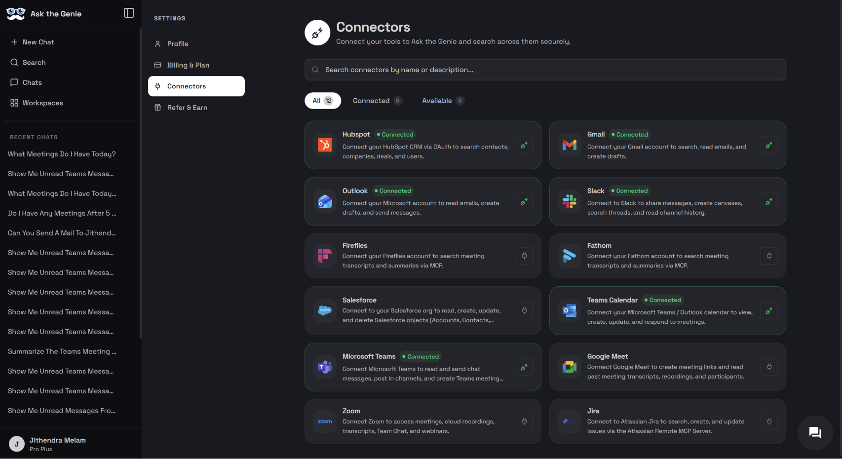 Ask the Genie Connectors dashboard listing available integrations including Jira