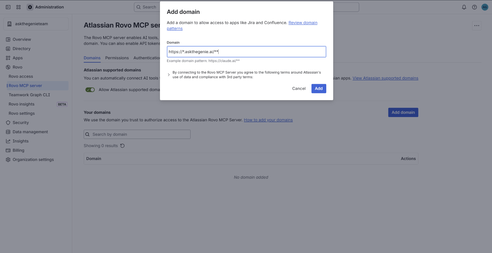 Entering the https://*.askthegenie.ai/** domain pattern in the Add Domain dialog