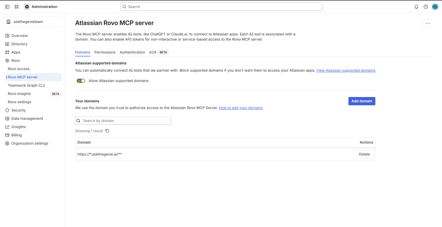 The Rovo MCP Server Domains list confirming the Ask the Genie domain was added successfully