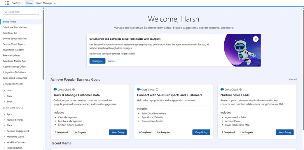 Salesforce Setup Home dashboard shown after logging in and opening Setup