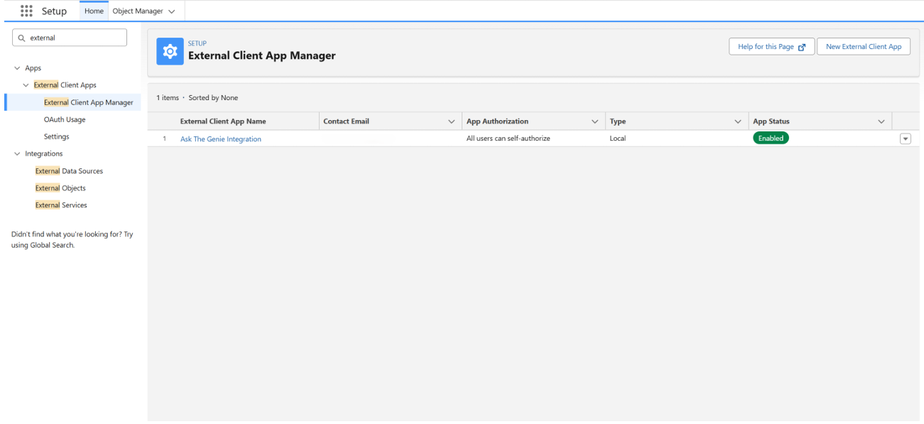Salesforce External Client App Manager listing existing external client apps