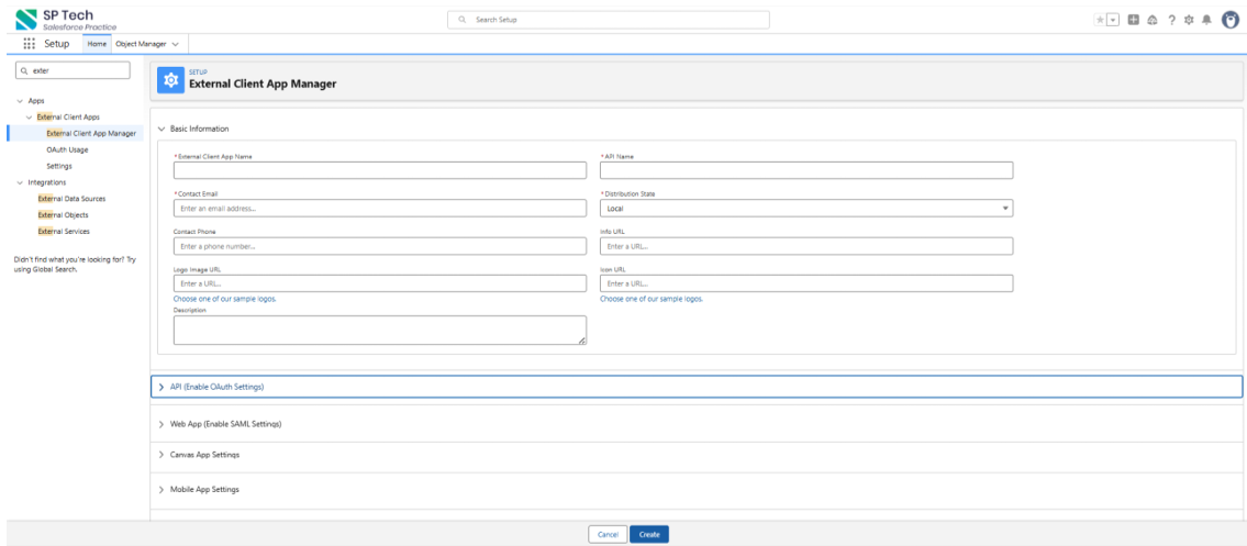 New External Client App configuration page showing the Basic Information section