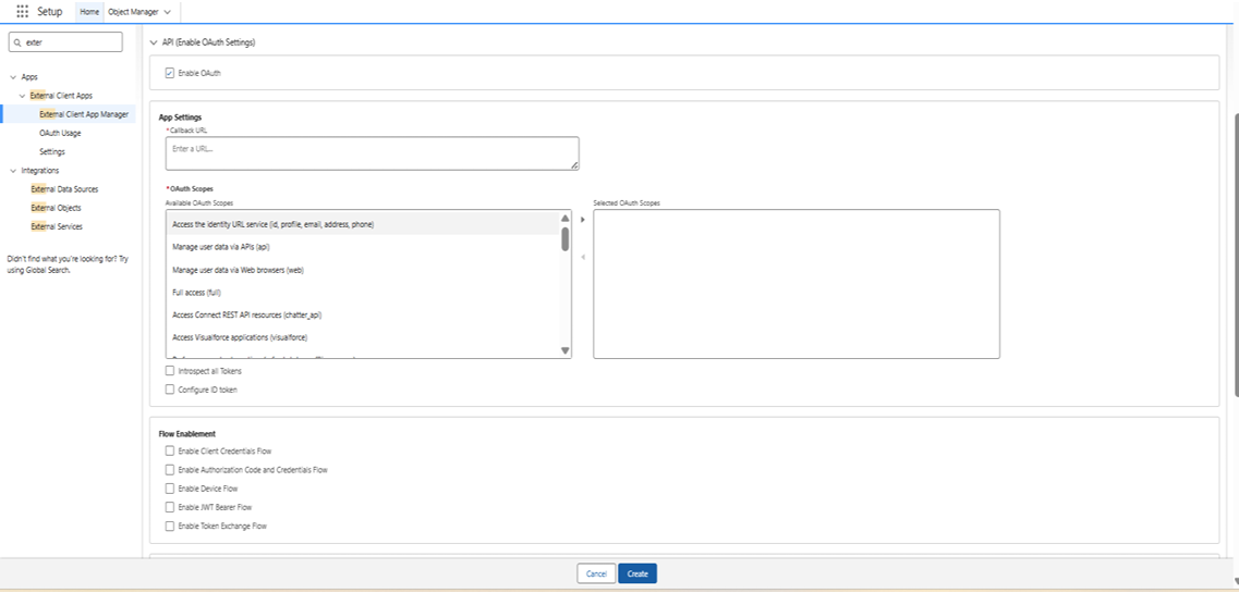 API (Enable OAuth Settings) section showing Enable OAuth, the Callback URL field, and the OAuth Scopes selector