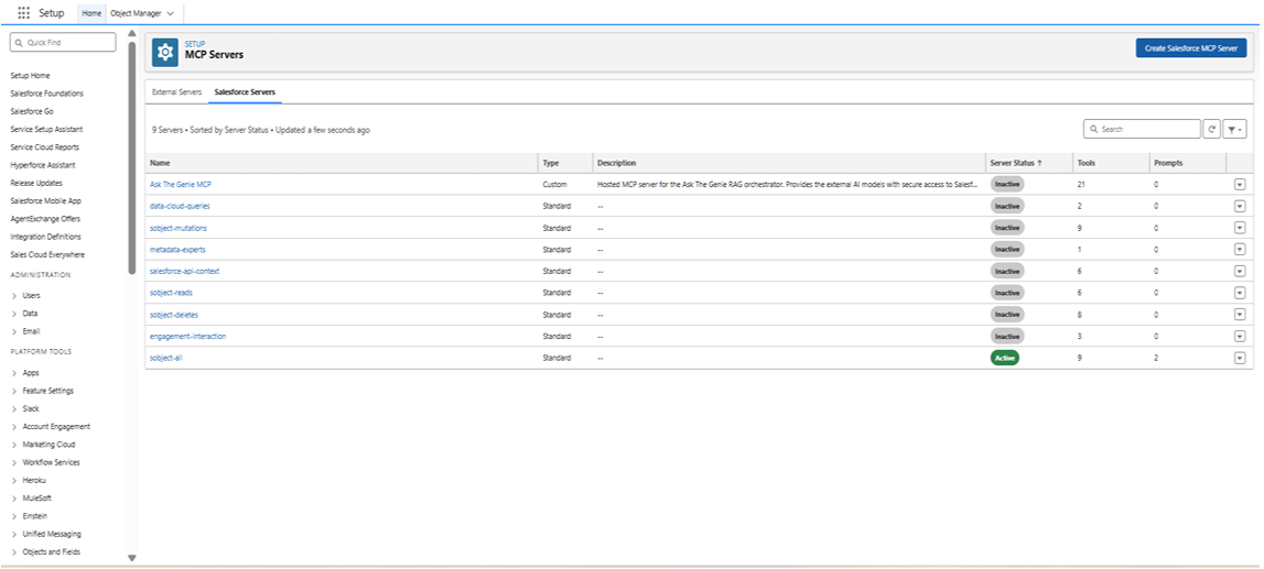 Salesforce MCP Servers page with the Salesforce Servers tab selected, listing available servers