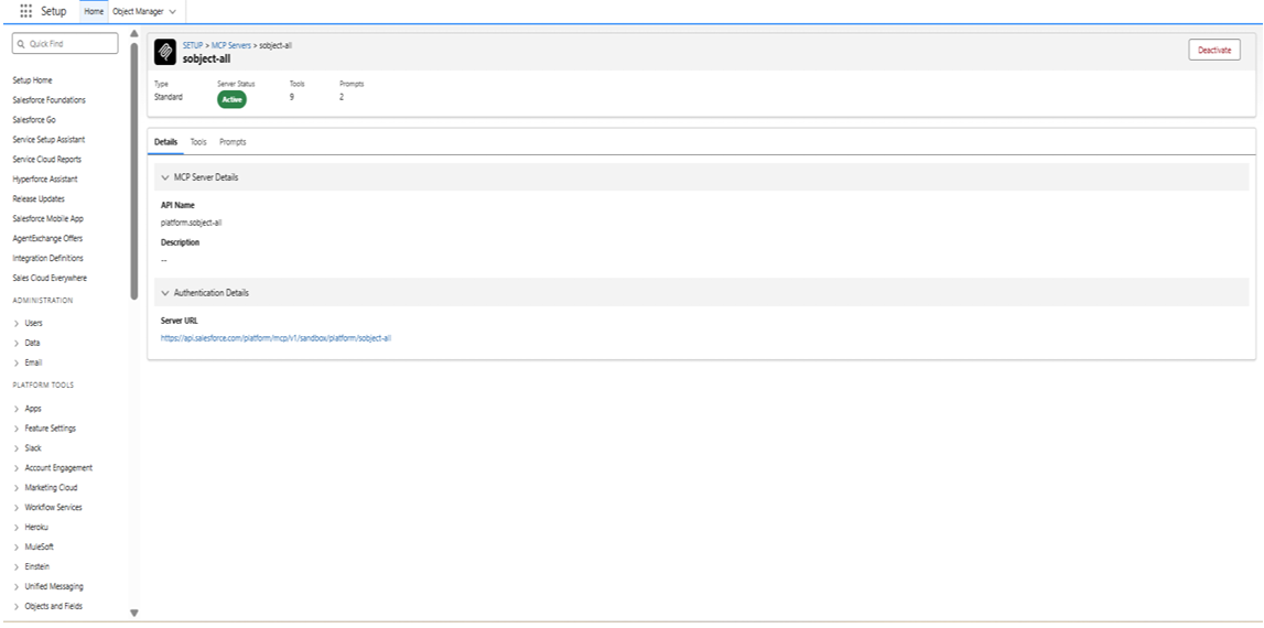 sobject-all MCP Server detail page showing Active status, 9 tools, and the Server URL