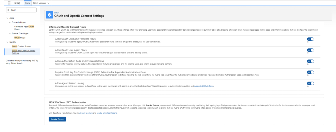 Salesforce OAuth and OpenID Connect Settings page with Authorization Code and PKCE toggles enabled