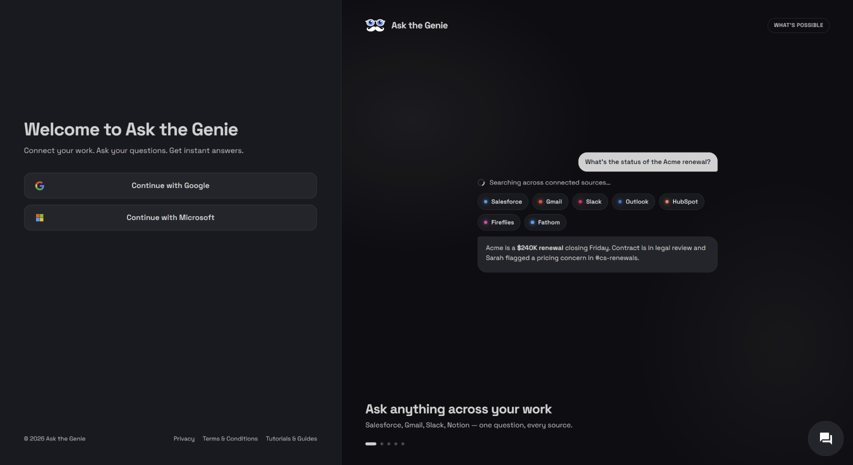 Ask the Genie sign-in page with Continue with Google and Continue with Microsoft options