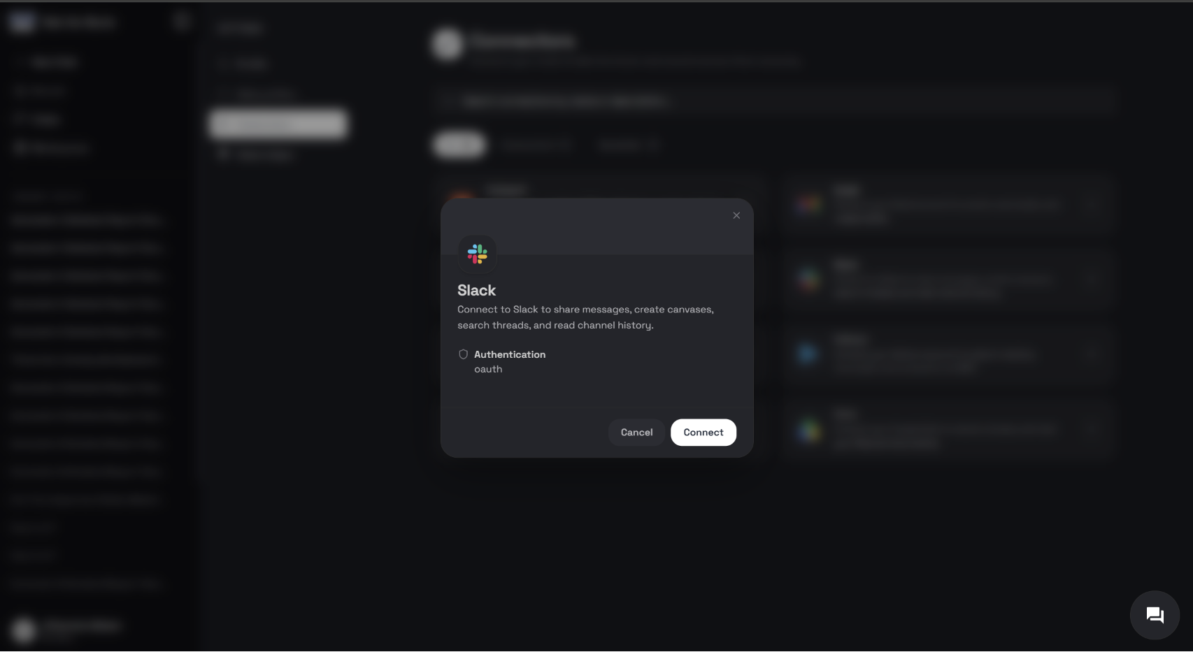 Slack connector dialog in Ask the Genie describing access to messages, canvases, threads, and channel history with a Connect button