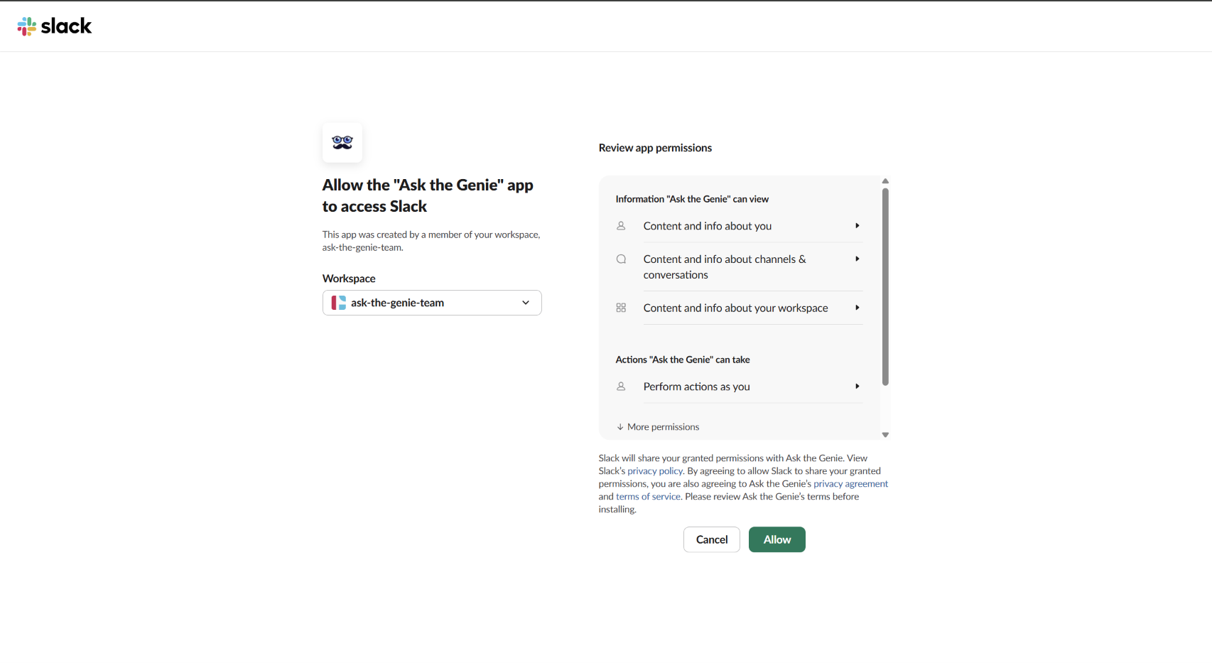 Slack authorization screen prompting the user to allow the Ask the Genie app to access Slack, with a workspace selector