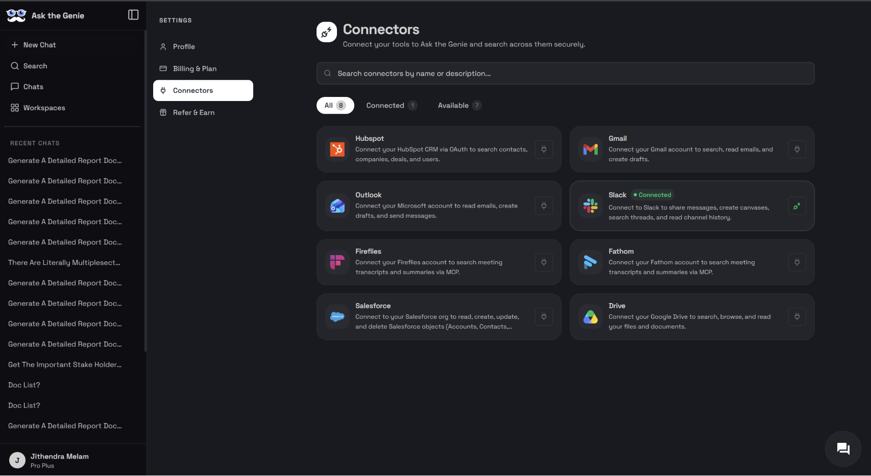 Ask the Genie Connectors dashboard showing Slack with a Connected status
