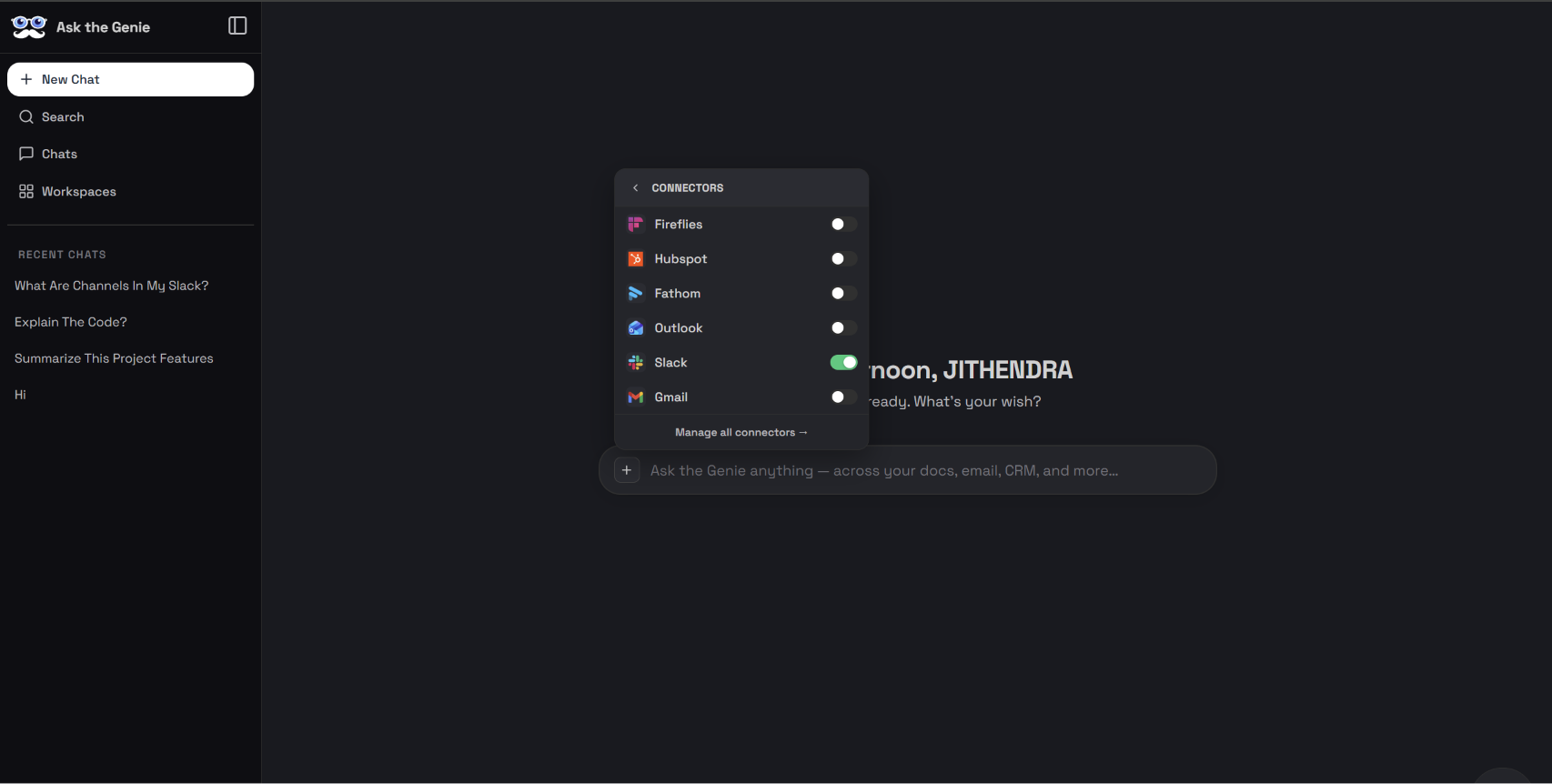 Workspace connector panel with Slack toggled on alongside Hubspot, Fathom, Outlook, Fireflies, and Gmail