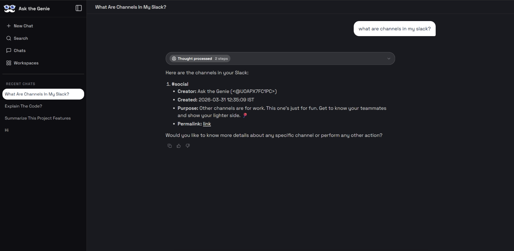 Ask the Genie answering a Slack query about channels with details and a permalink source