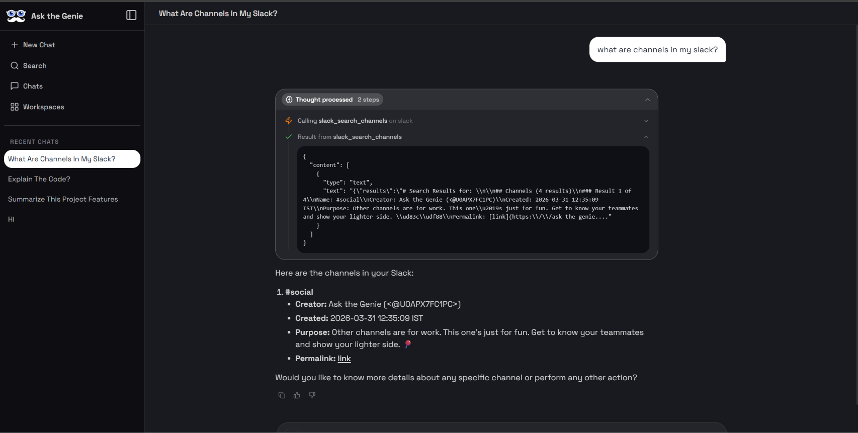 An Ask the Genie answer showing the Slack search tool call and the source results it cited