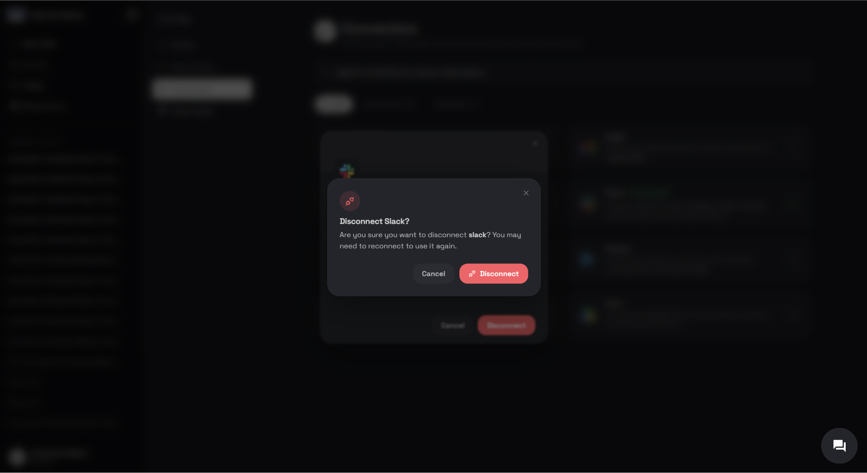 Disconnect Slack confirmation dialog in the Ask the Genie Connectors dashboard