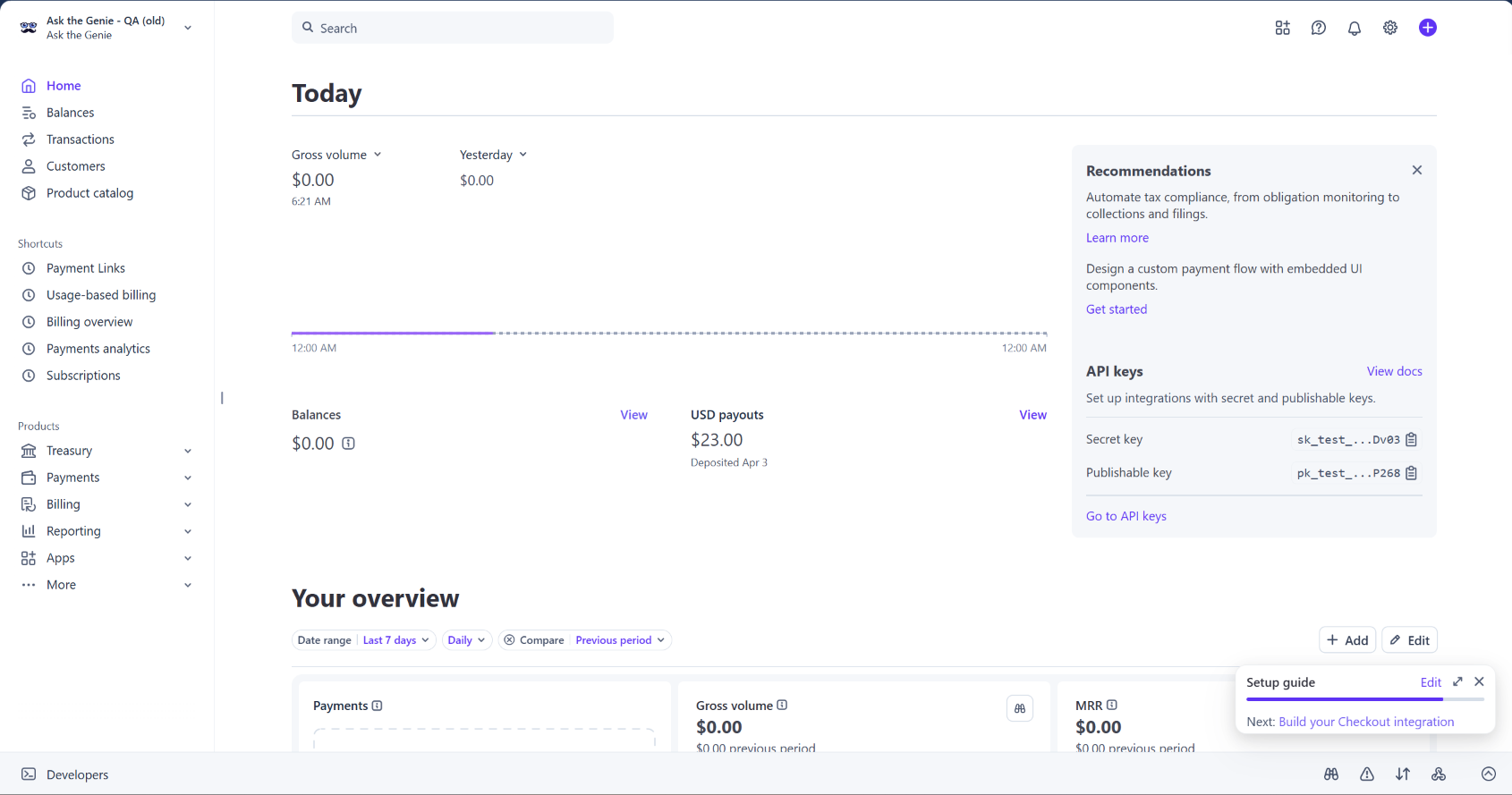 Stripe Dashboard home screen showing the Today overview, balances, and API keys panel