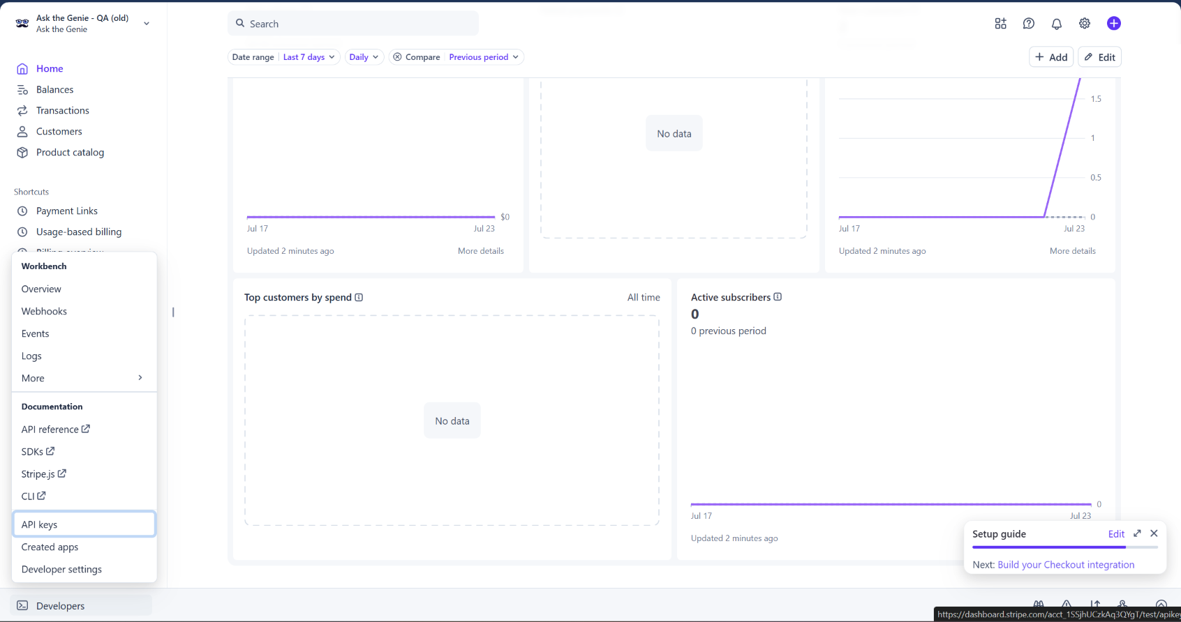 Stripe Developers menu with the API keys option highlighted