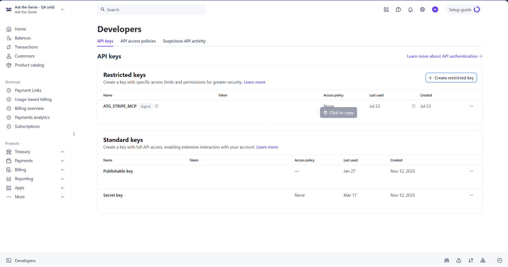 Stripe API keys page showing the Restricted keys section with the Create restricted key button highlighted