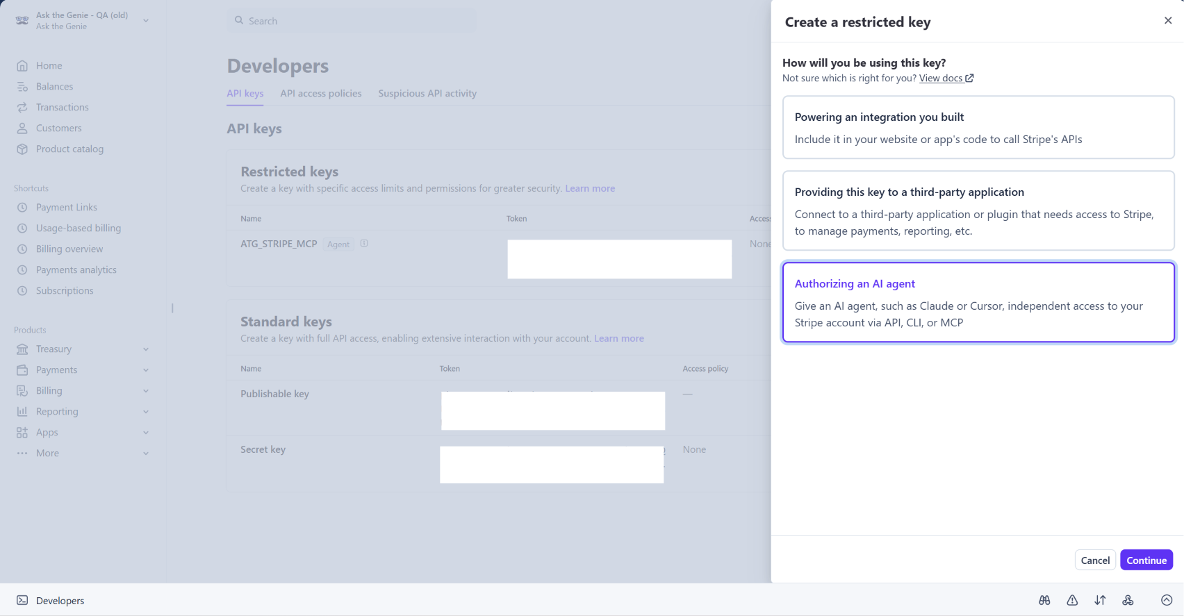 Stripe Create a restricted key panel with the Authorizing an AI agent option selected