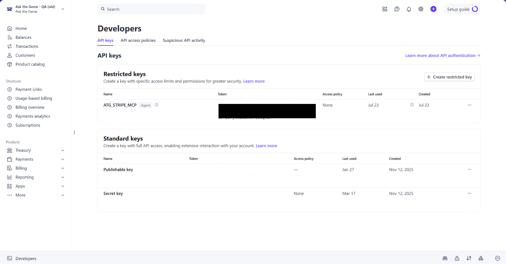 Stripe API keys page showing the newly created restricted key listed under Restricted keys