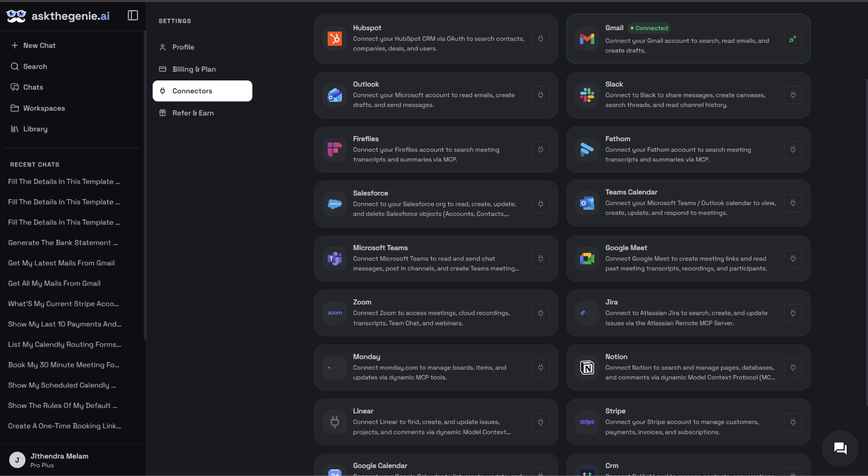 Ask the Genie Connectors settings page listing available integrations including the Stripe connector