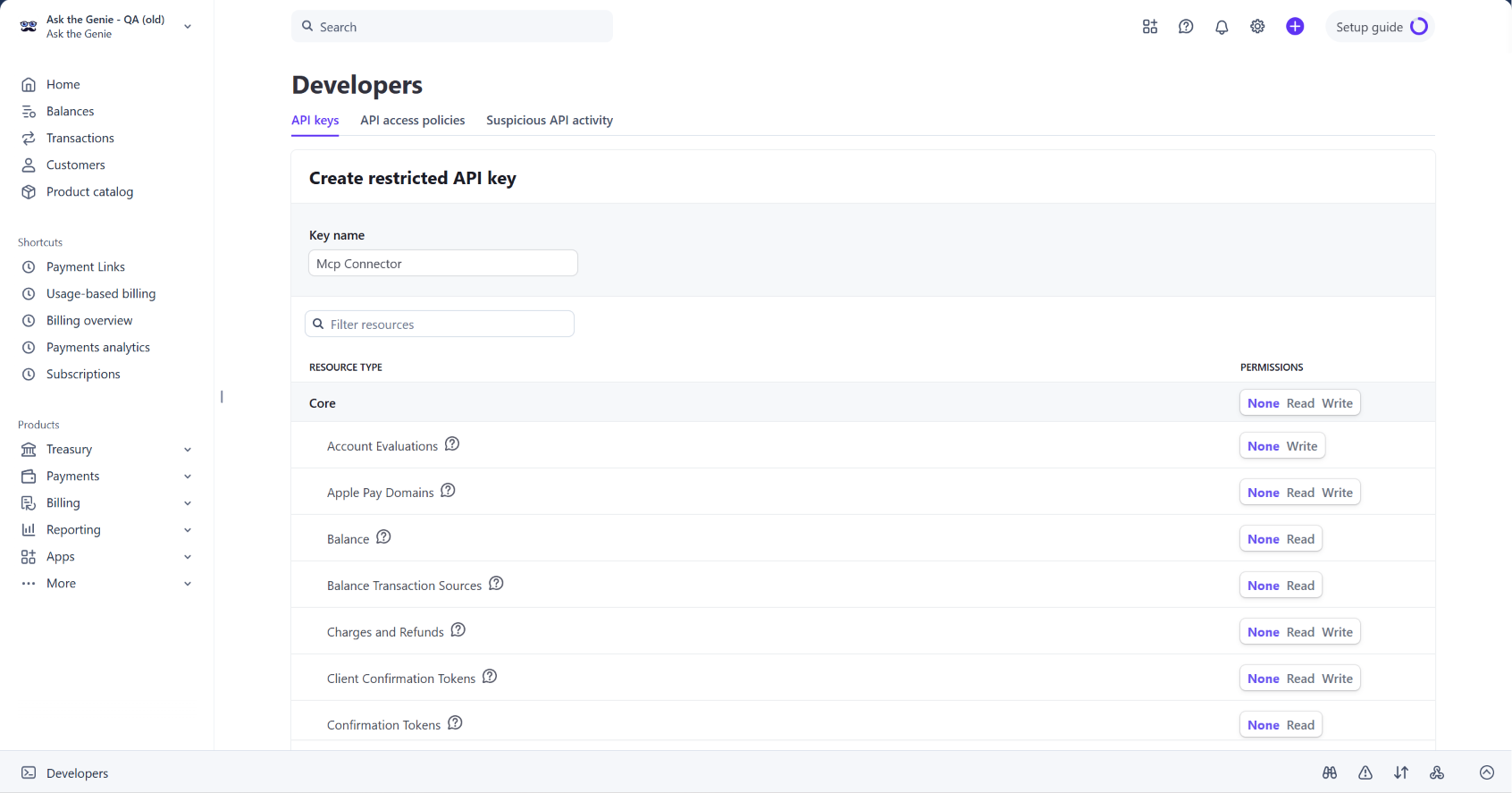 Ask the Genie Connect Stripe dialog with an API Key field for pasting the Restricted API Key