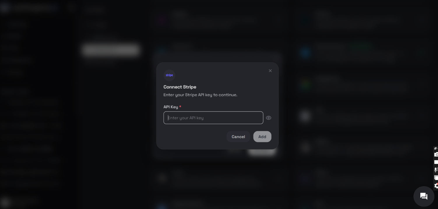 Ask the Genie Connect Stripe dialog with an API Key field for pasting the Restricted API Key
