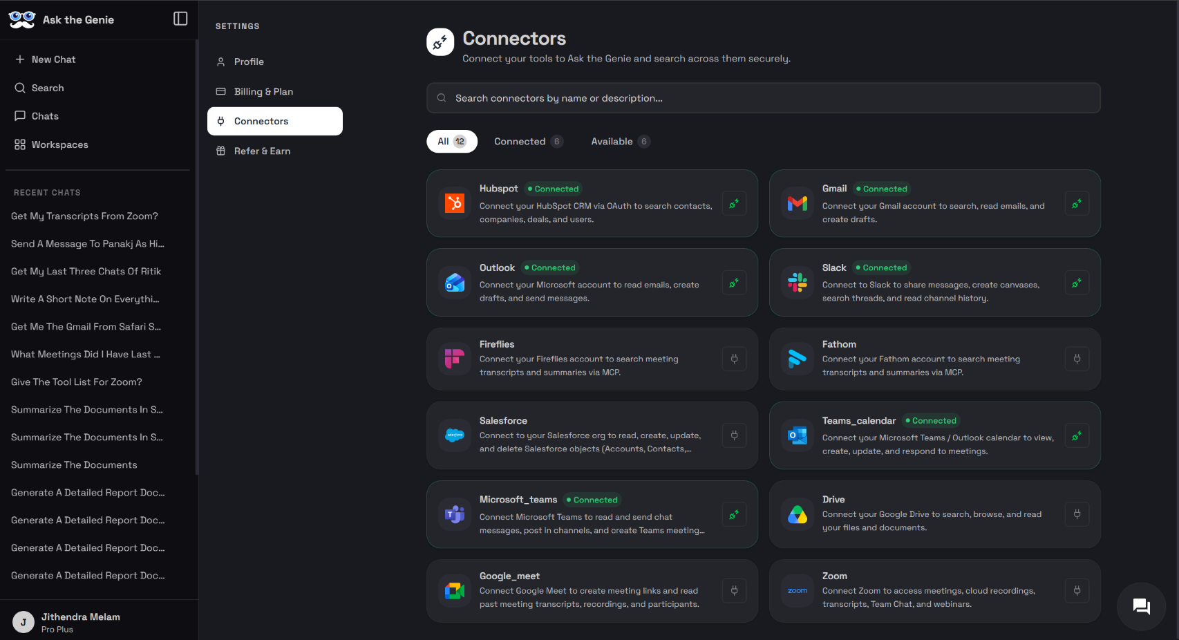 Ask the Genie Connectors dashboard listing available integrations including Zoom