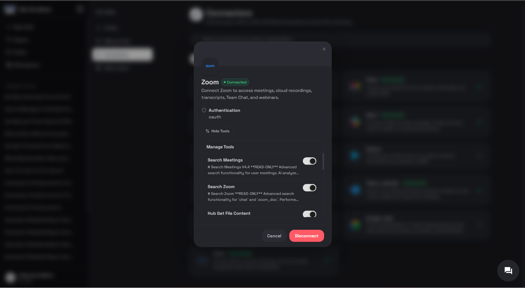 Ask the Genie Connectors dashboard showing Zoom with a Connected status