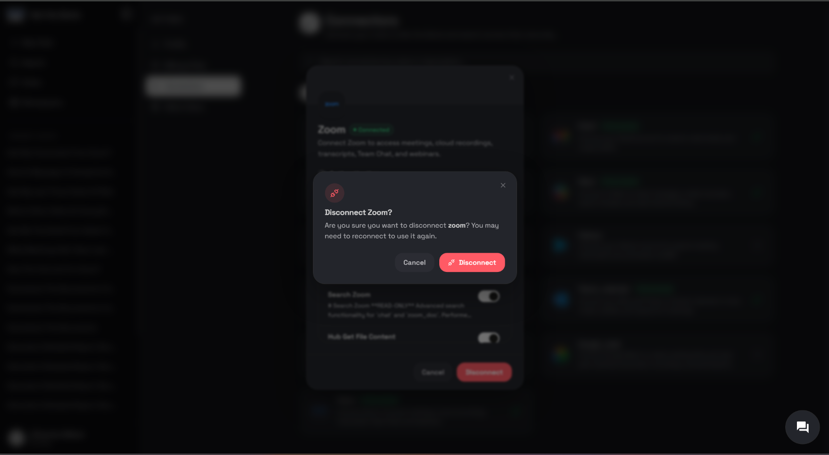 Disconnect Zoom confirmation dialog in the Ask the Genie Connectors dashboard