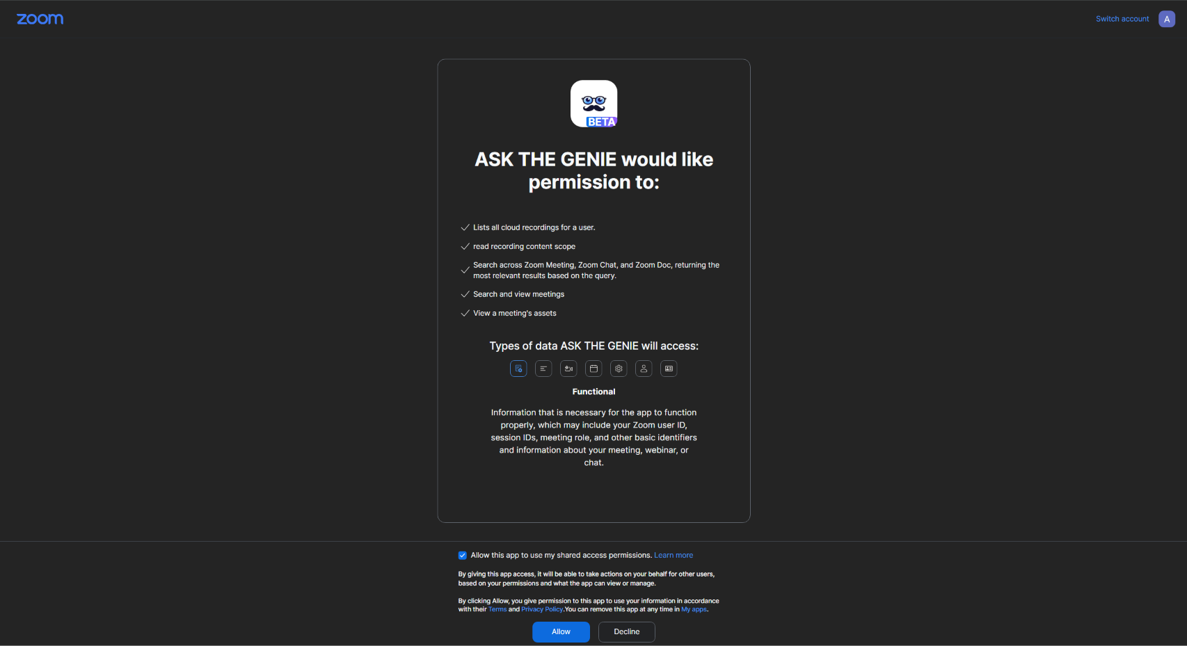 Zoom authorization screen listing the permissions requested by Ask the Genie with an Allow button
