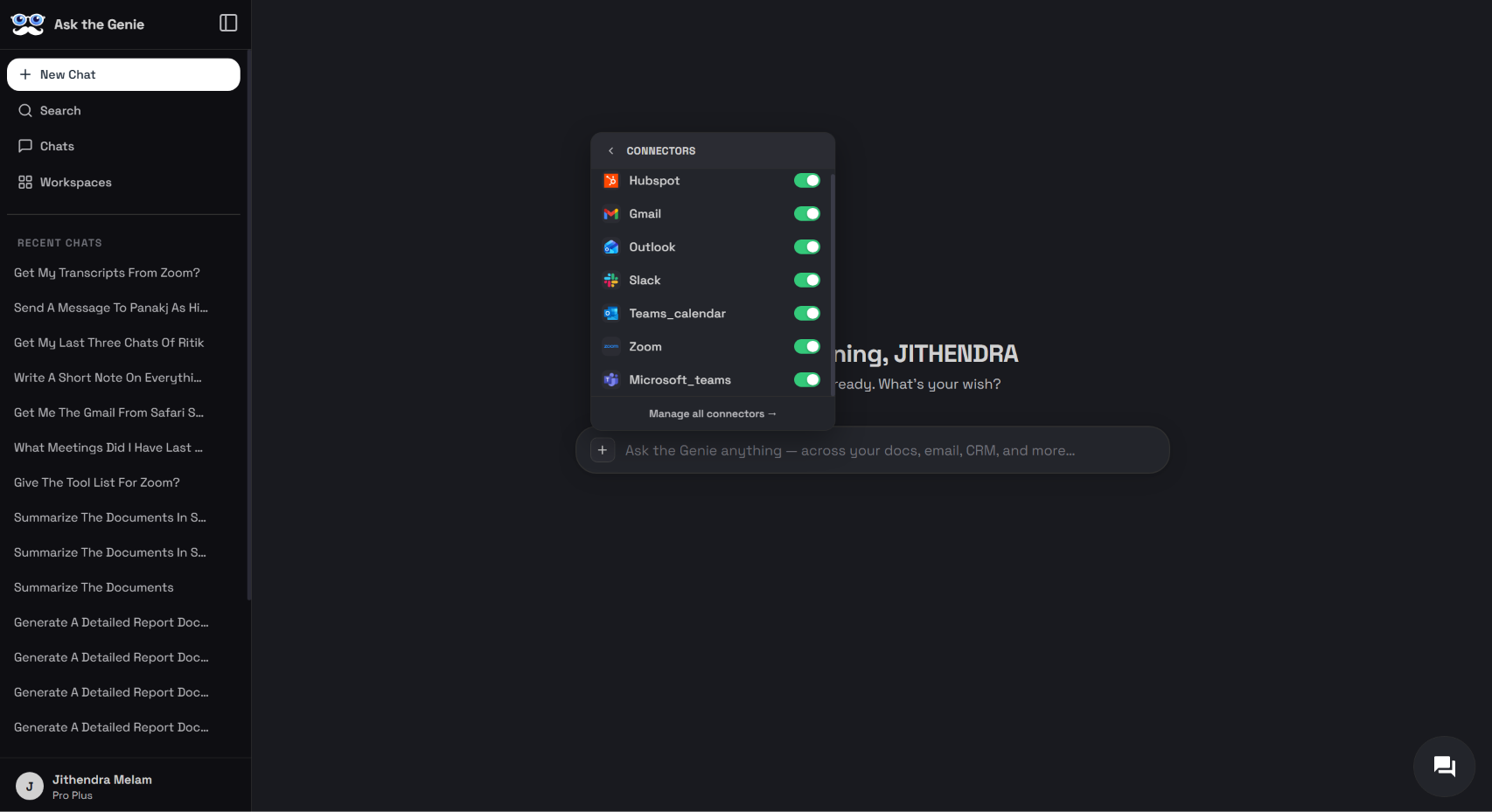 Workspace connector panel with Zoom toggled on alongside other connected data sources